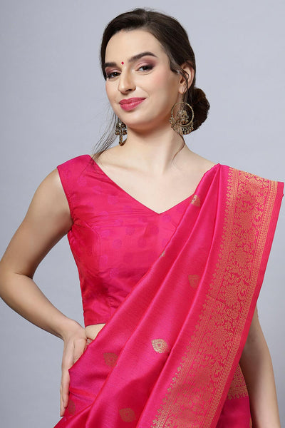 Buy Silia Moss Weave Pink Art Silk One Minute Saree Online - Front