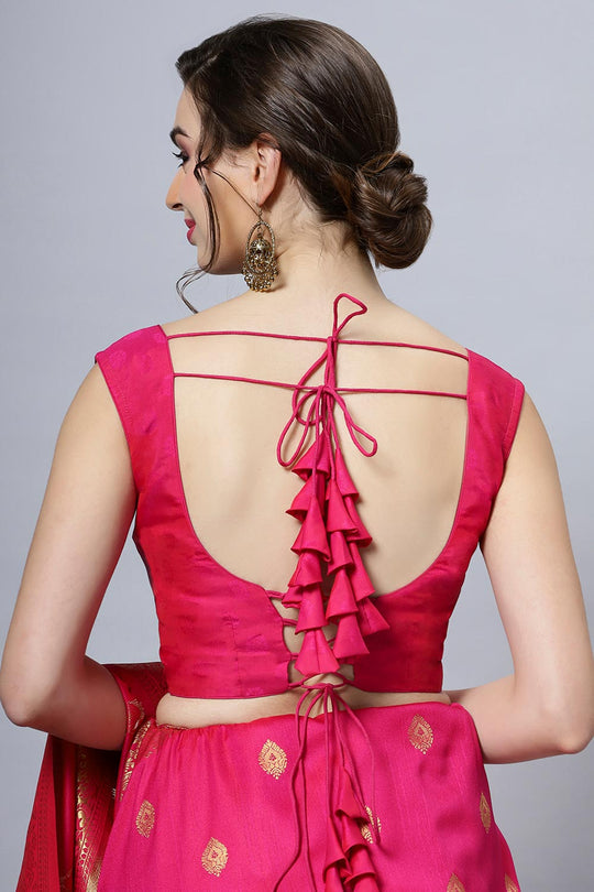 Buy Silia Moss Weave Pink Art Silk One Minute Saree Online - Zoom In