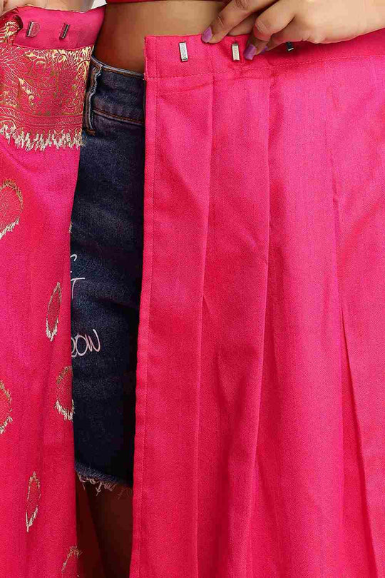 Buy Silia Moss Weave Pink Art Silk One Minute Saree Online - Zoom Out