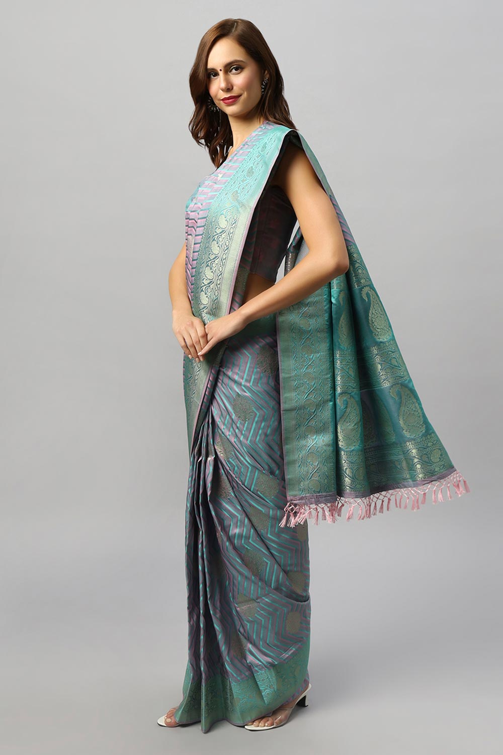 Buy Madhu Pink & Teal Satin Two-Tone One Minute Saree Online