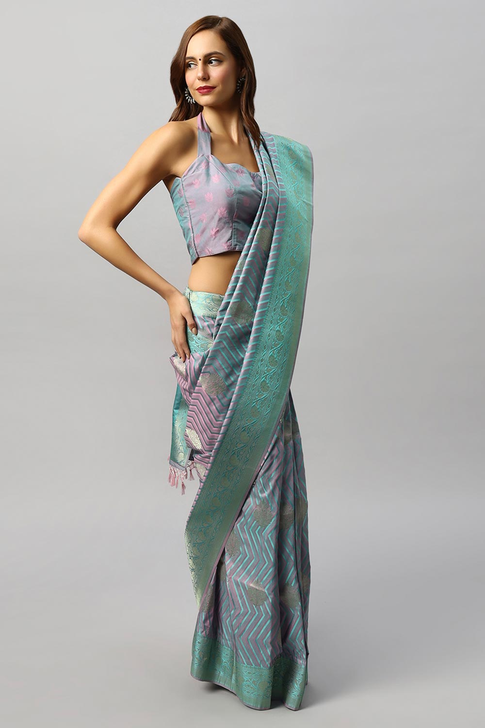 Buy Madhu Pink & Teal Satin Two-Tone One Minute Saree Online - Back