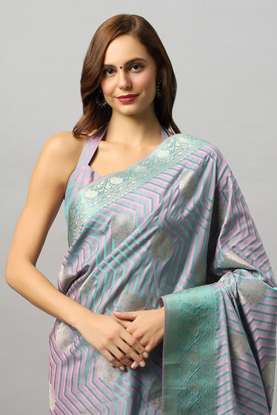 Buy Madhu Pink & Teal Satin Two-Tone One Minute Saree Online - Front