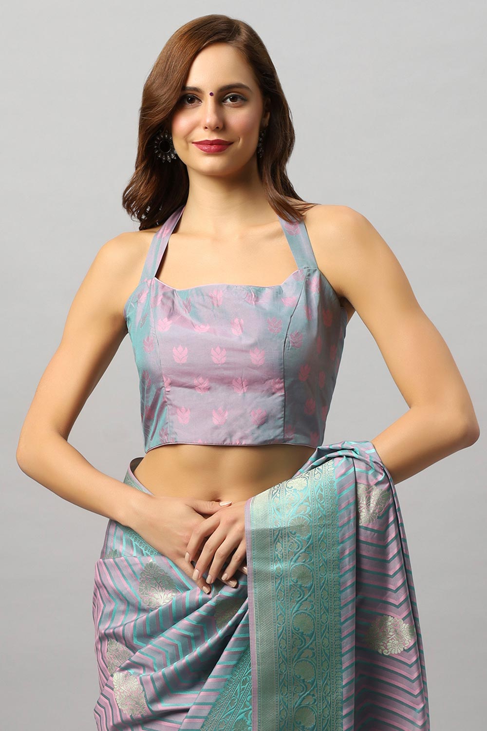 Buy Madhu Pink & Teal Satin Two-Tone One Minute Saree Online - Side