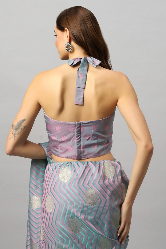 Buy Madhu Pink & Teal Satin Two-Tone One Minute Saree Online - Zoom In