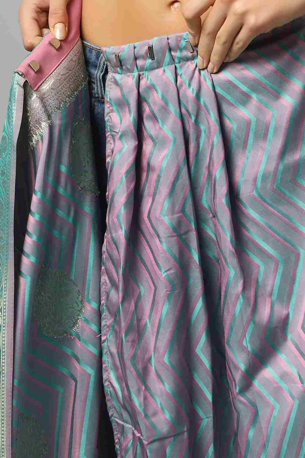 Buy Madhu Pink & Teal Satin Two-Tone One Minute Saree Online - Zoom Out