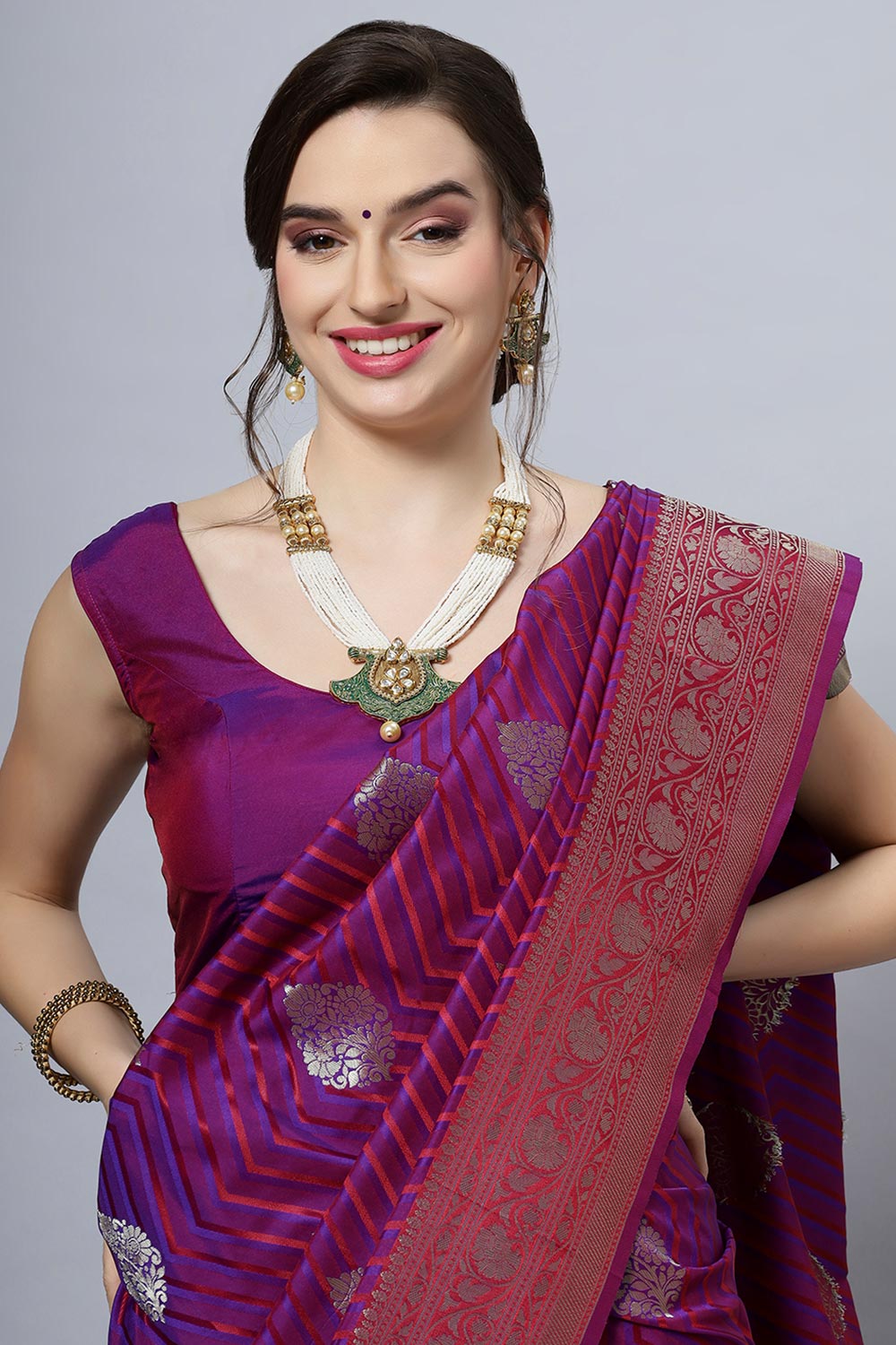 Buy Laira Magenta Satin Two-Tone One Minute Saree Online - Front