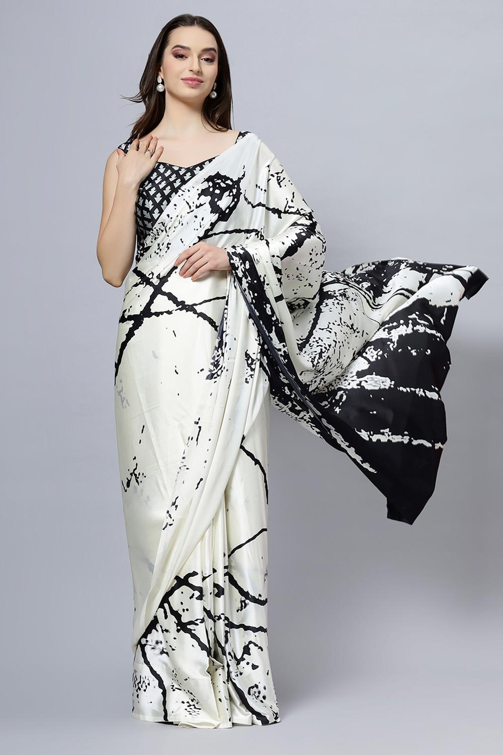 Buy Camille Cream Printed Satin Crepe One Minute Saree Online - One Minute Saree