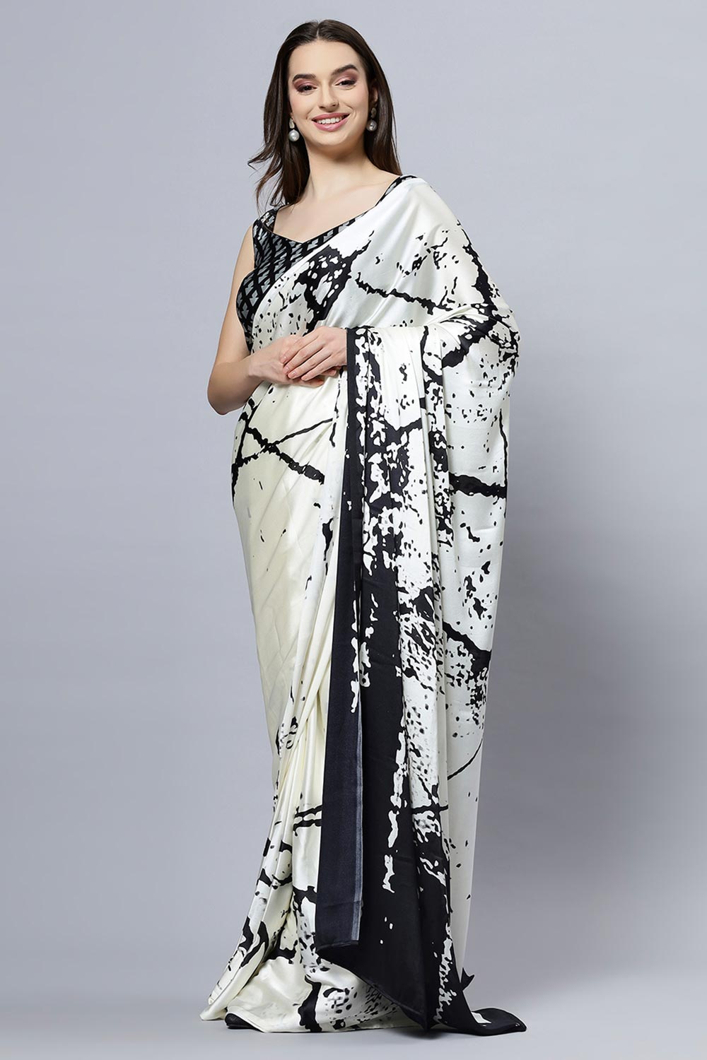 Buy Camille Cream Printed Satin Crepe One Minute Saree Online