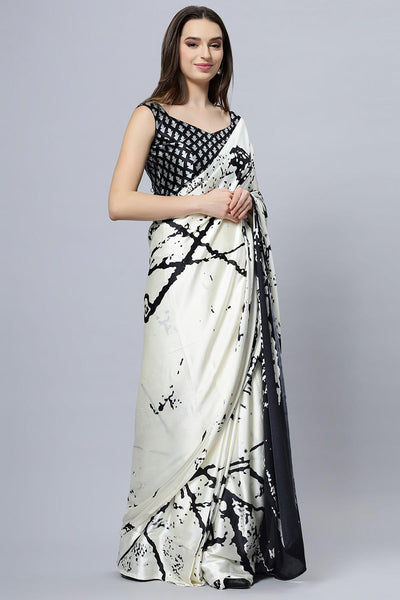 Buy Camille Cream Printed Satin Crepe One Minute Saree Online - Back