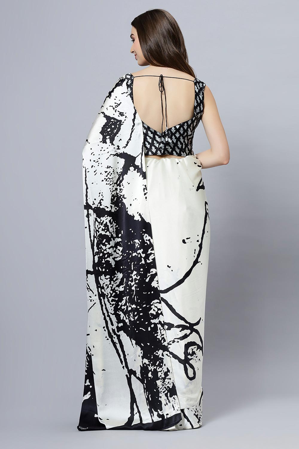 Shop Camille Cream Printed Satin Crepe One Minute Saree at best offer at our  Store - One Minute Saree