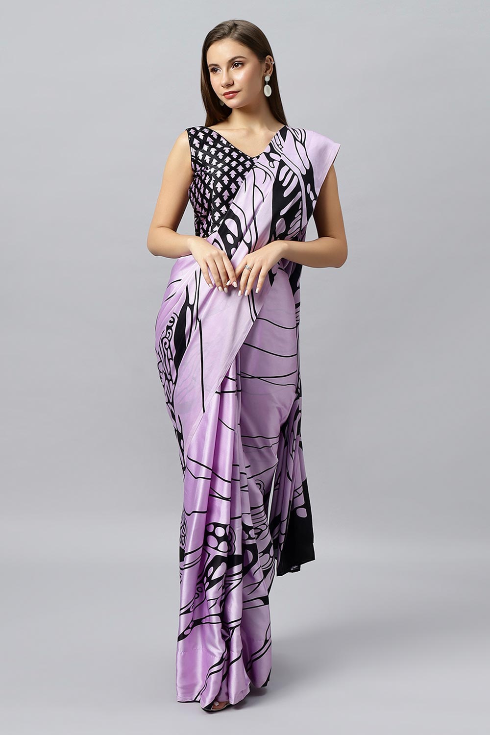 Buy Lorna Lavender Printed Satin Crepe One Minute Saree Online - One Minute Saree