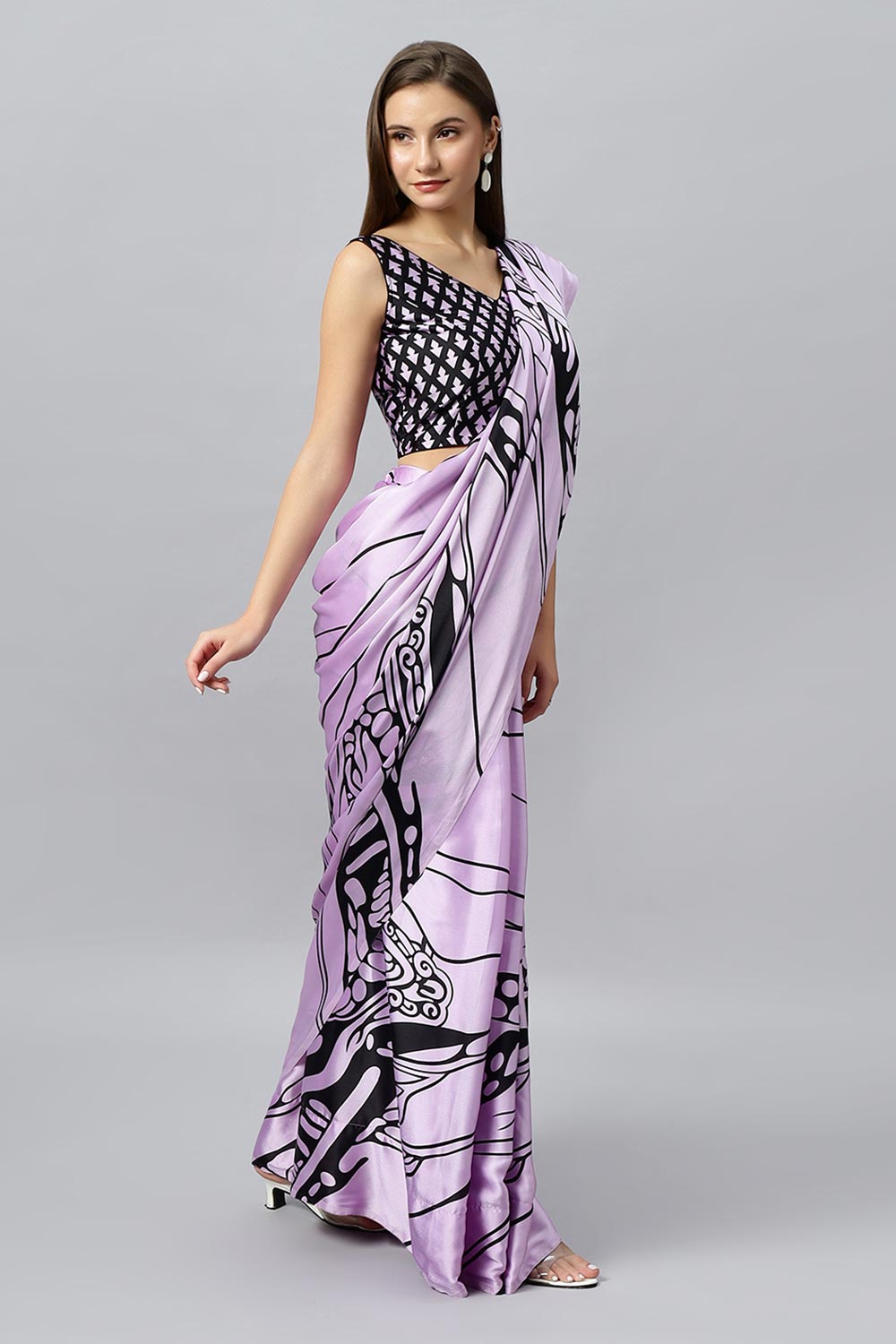 Buy Lorna Lavender Printed Satin Crepe One Minute Saree Online