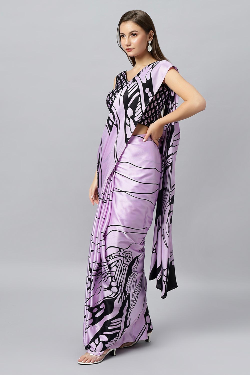 Buy Lorna Lavender Printed Satin Crepe One Minute Saree Online - Back