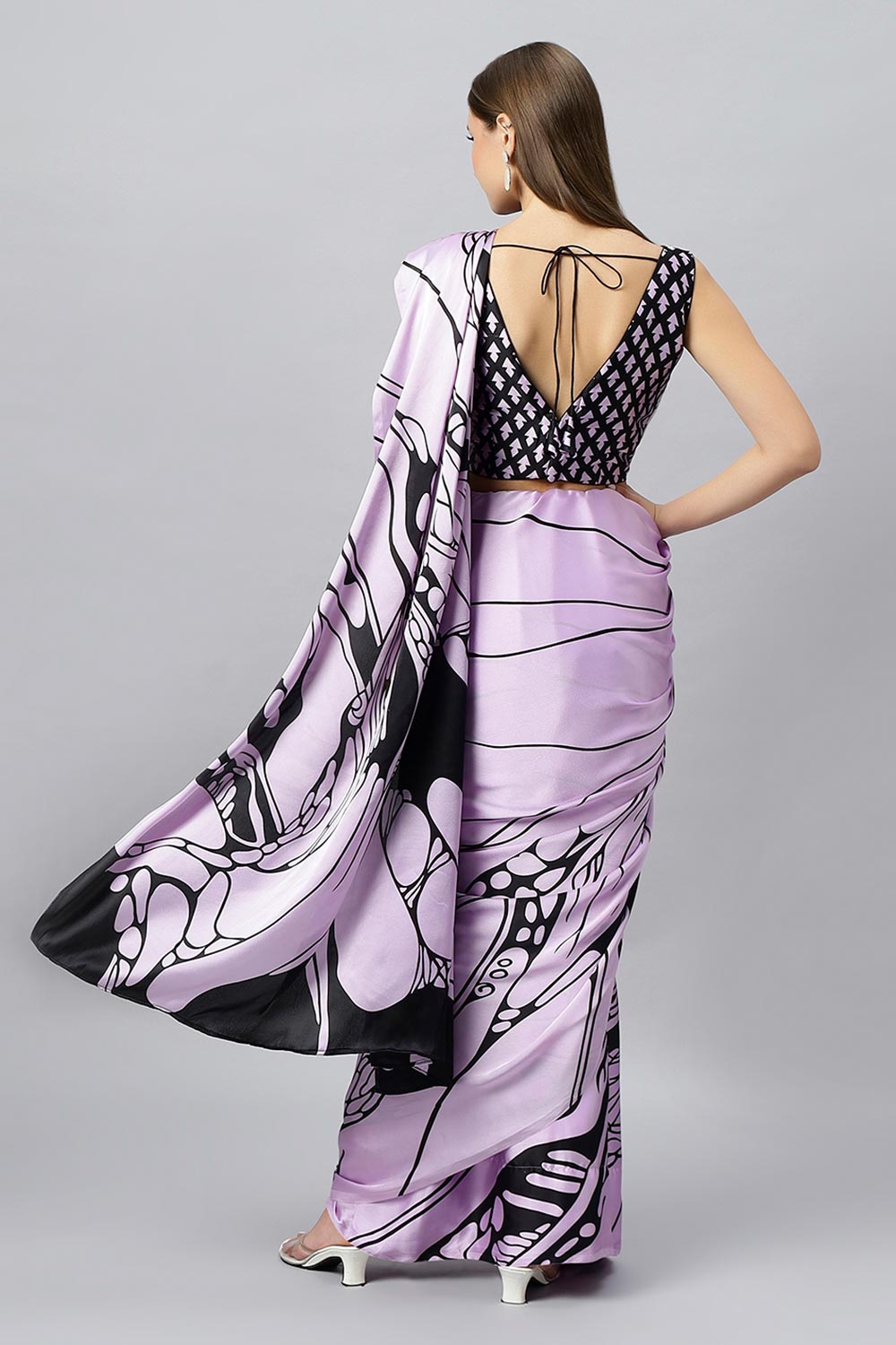 Buy Lorna Lavender Printed Satin Crepe One Minute Saree Online - One Minute Saree