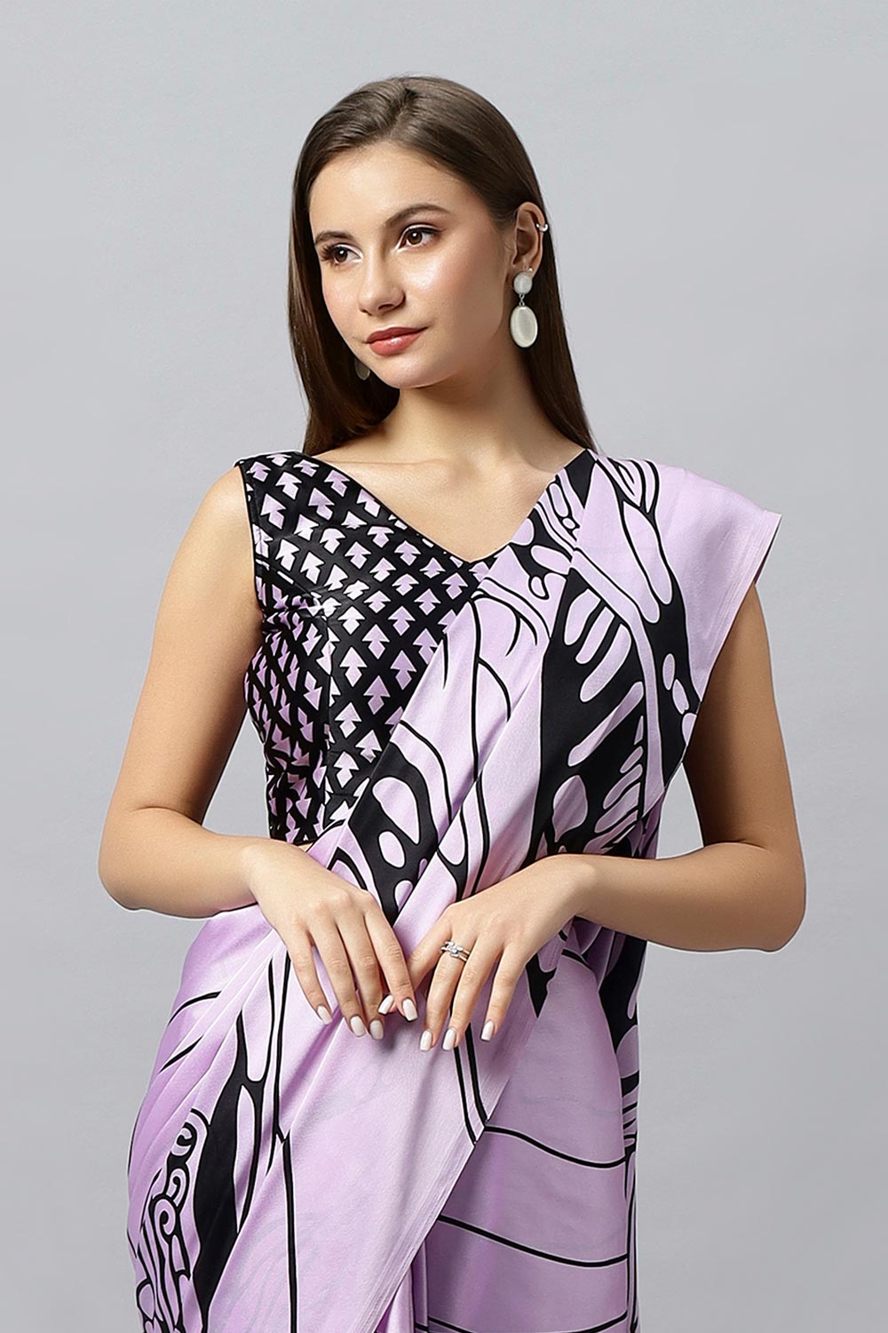 Buy Lorna Lavender Printed Satin Crepe One Minute Saree Online - Front