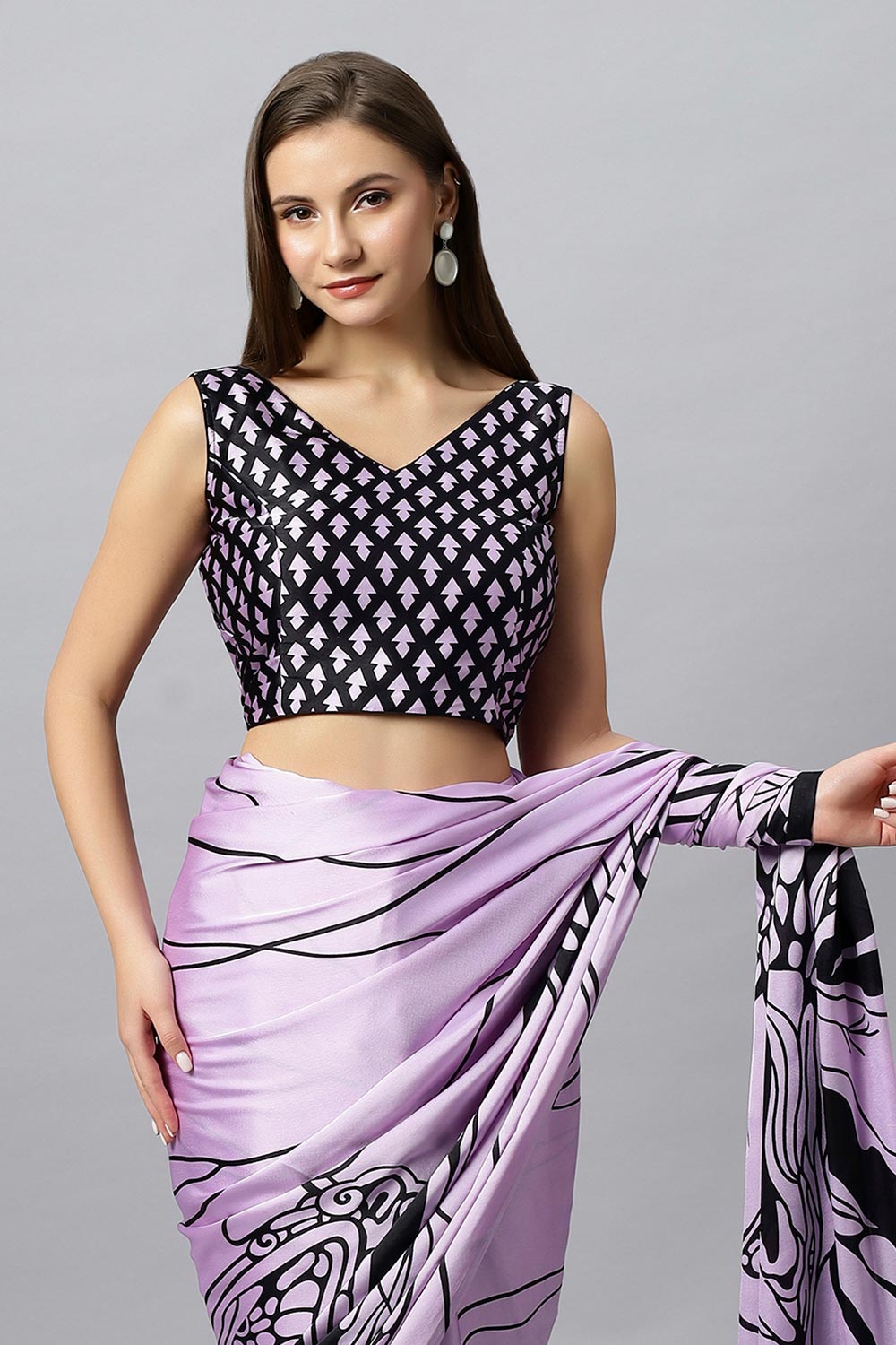 Buy Lorna Lavender Printed Satin Crepe One Minute Saree Online - Side