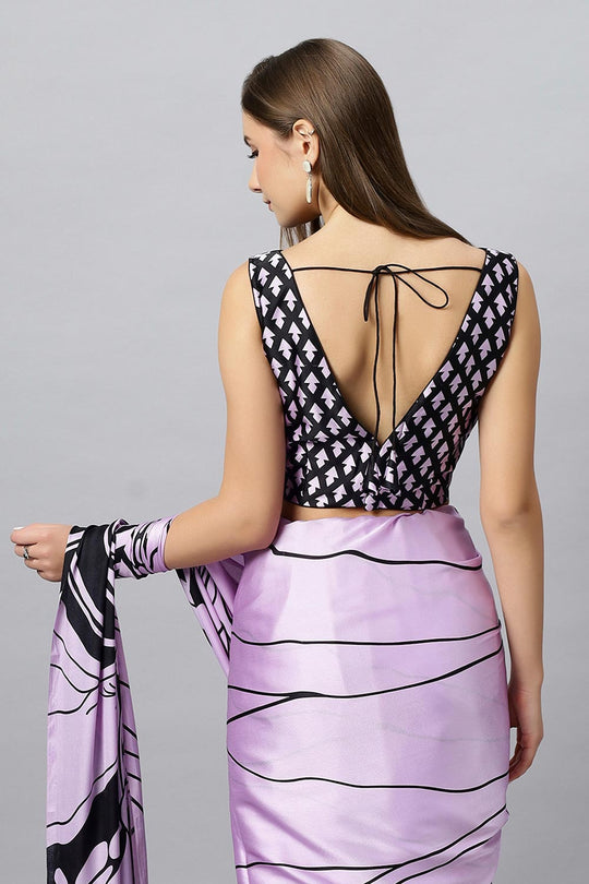 Buy Lorna Lavender Printed Satin Crepe One Minute Saree Online - Zoom In