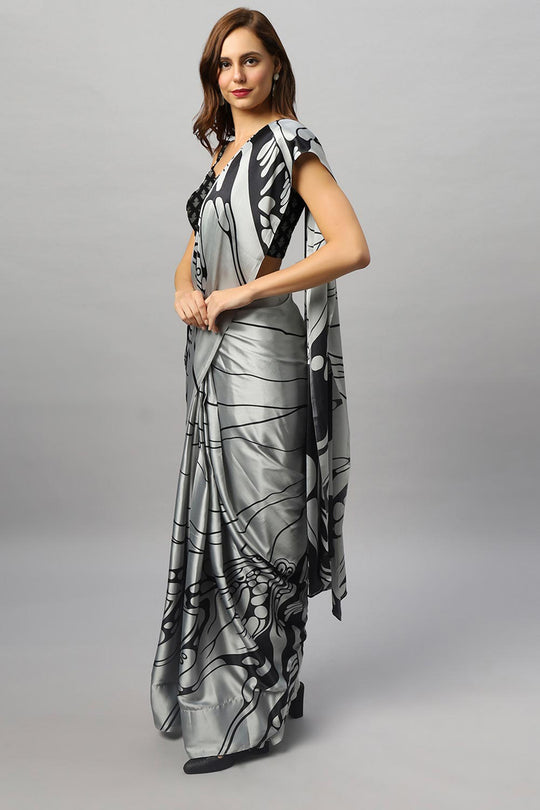 Buy Gaia Silver Printed Satin Crepe One Minute Saree Online