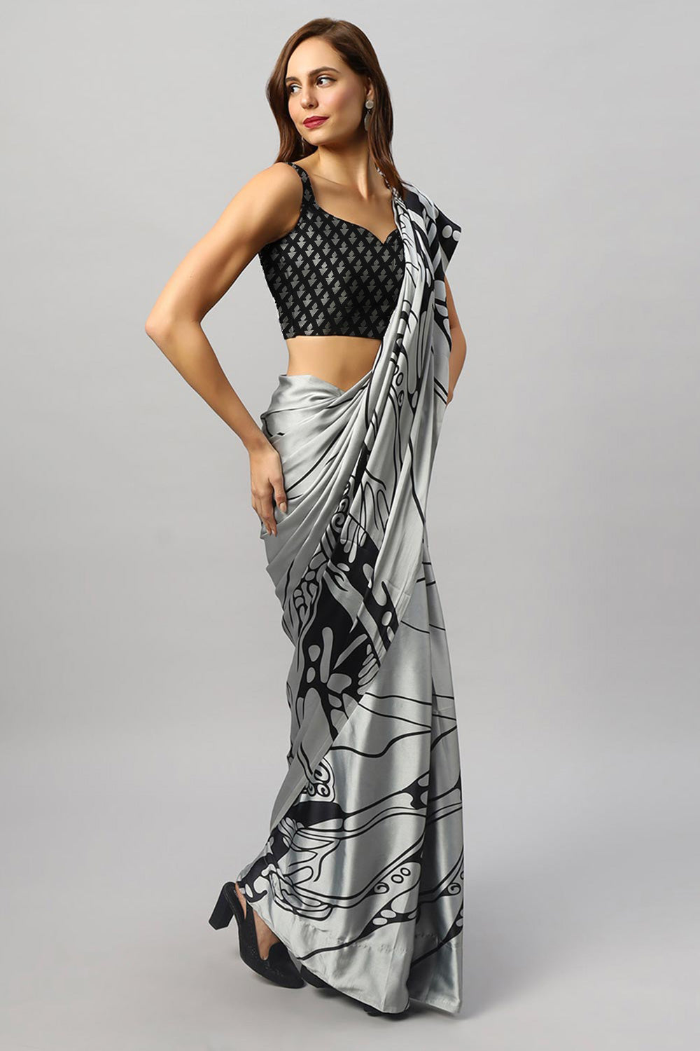 Buy Gaia Silver Printed Satin Crepe One Minute Saree Online - Back