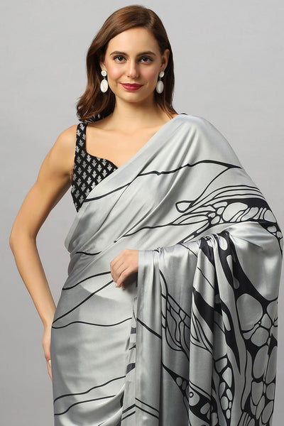 Buy Gaia Silver Printed Satin Crepe One Minute Saree Online - Front