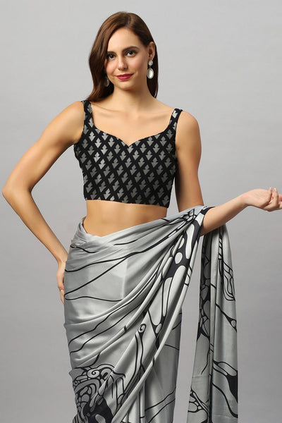 Buy Gaia Silver Printed Satin Crepe One Minute Saree Online - Side