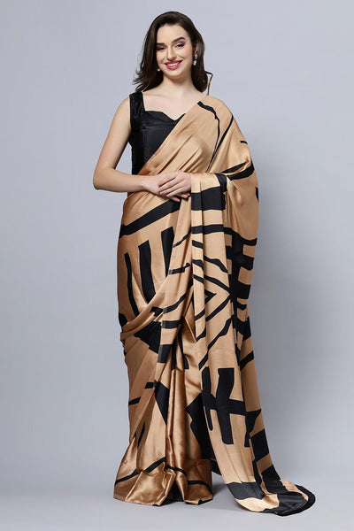 Buy Candice Brown Satin Printed One Minute Saree Online - One Minute Saree