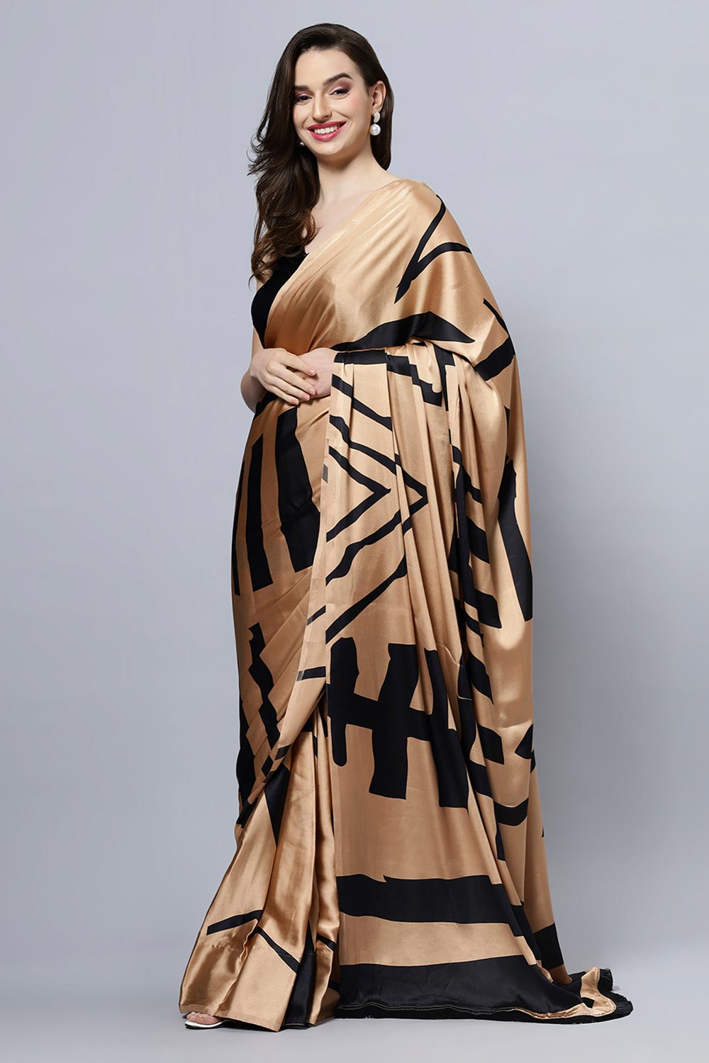 Buy Candice Brown Satin Printed One Minute Saree Online