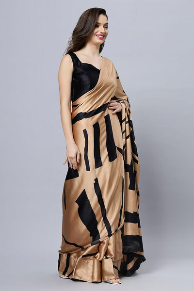Buy Candice Brown Satin Printed One Minute Saree Online - Back