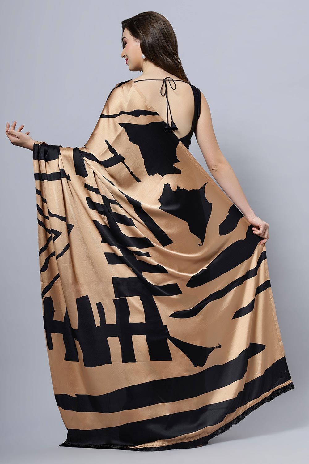 Shop Candice Brown Satin Printed One Minute Saree at best offer at our  Store - One Minute Saree