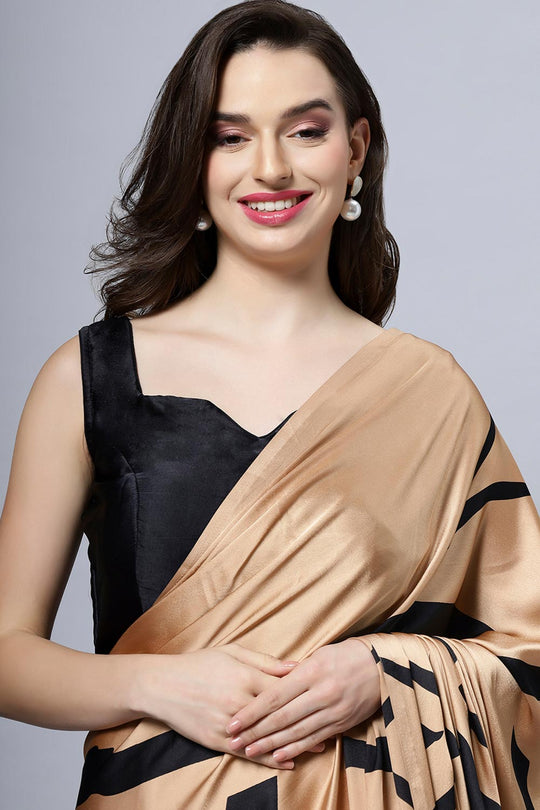 Buy Candice Brown Satin Printed One Minute Saree Online - Front