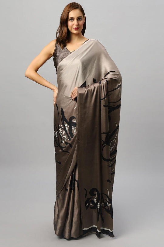 Buy Hema Grey Satin Printed One Minute Saree Online - One Minute Saree