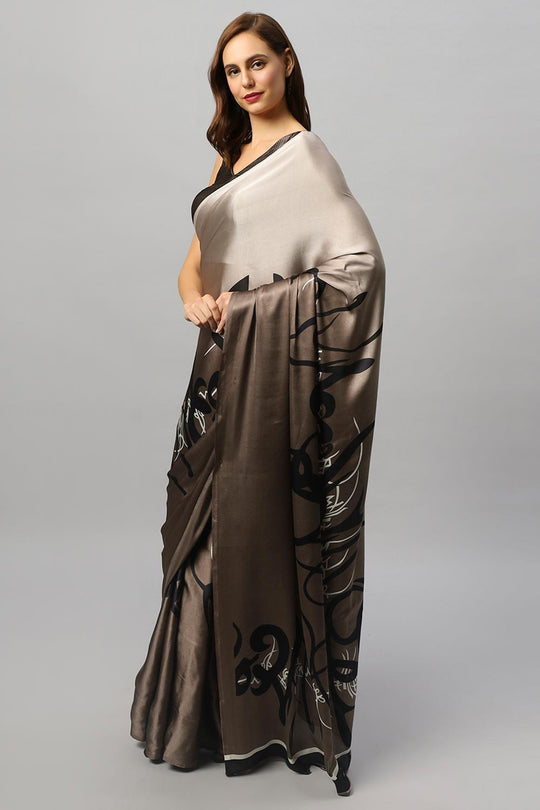 Buy Hema Grey Satin Printed One Minute Saree Online