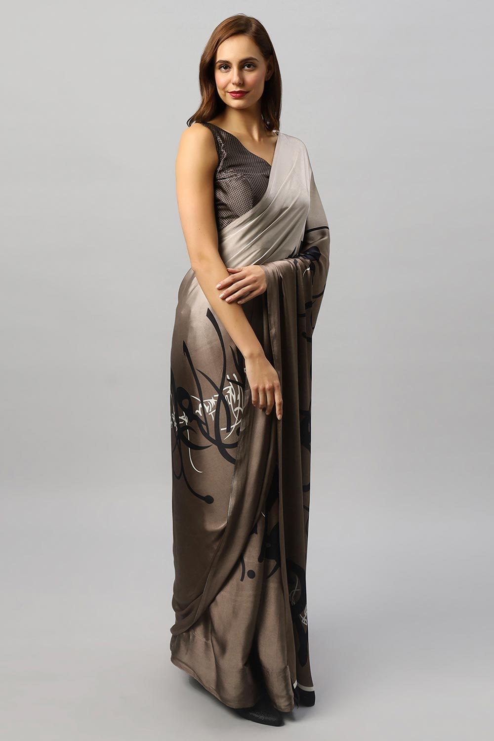 Buy Hema Grey Satin Printed One Minute Saree Online - Back