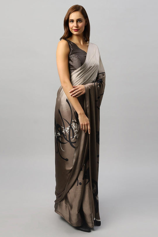 Buy Hema Grey Satin Printed One Minute Saree Online - Back