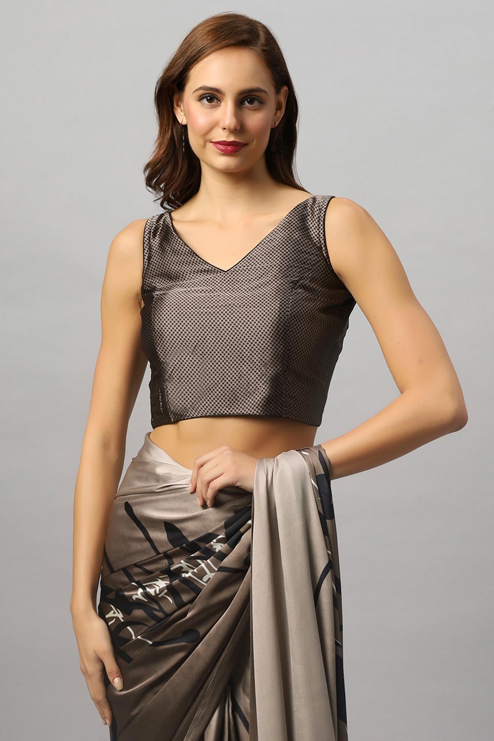 Buy Hema Grey Satin Printed One Minute Saree Online - Side