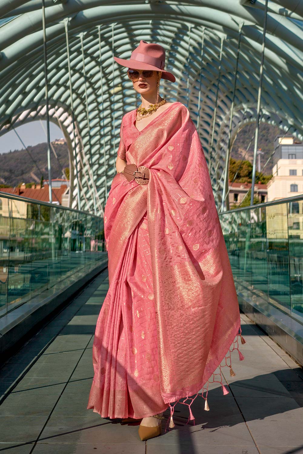 Cahaya Peach Silk with Gold Work One Minute Saree