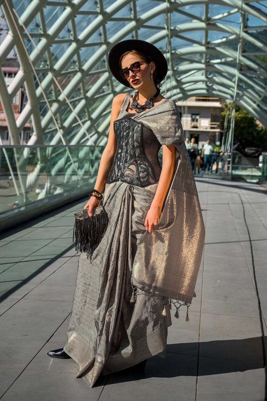 Cahaya Grey Silk with Gold Work One Minute Saree