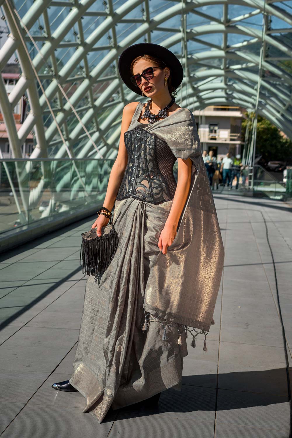 Cahaya Grey Silk with Gold Work One Minute Saree