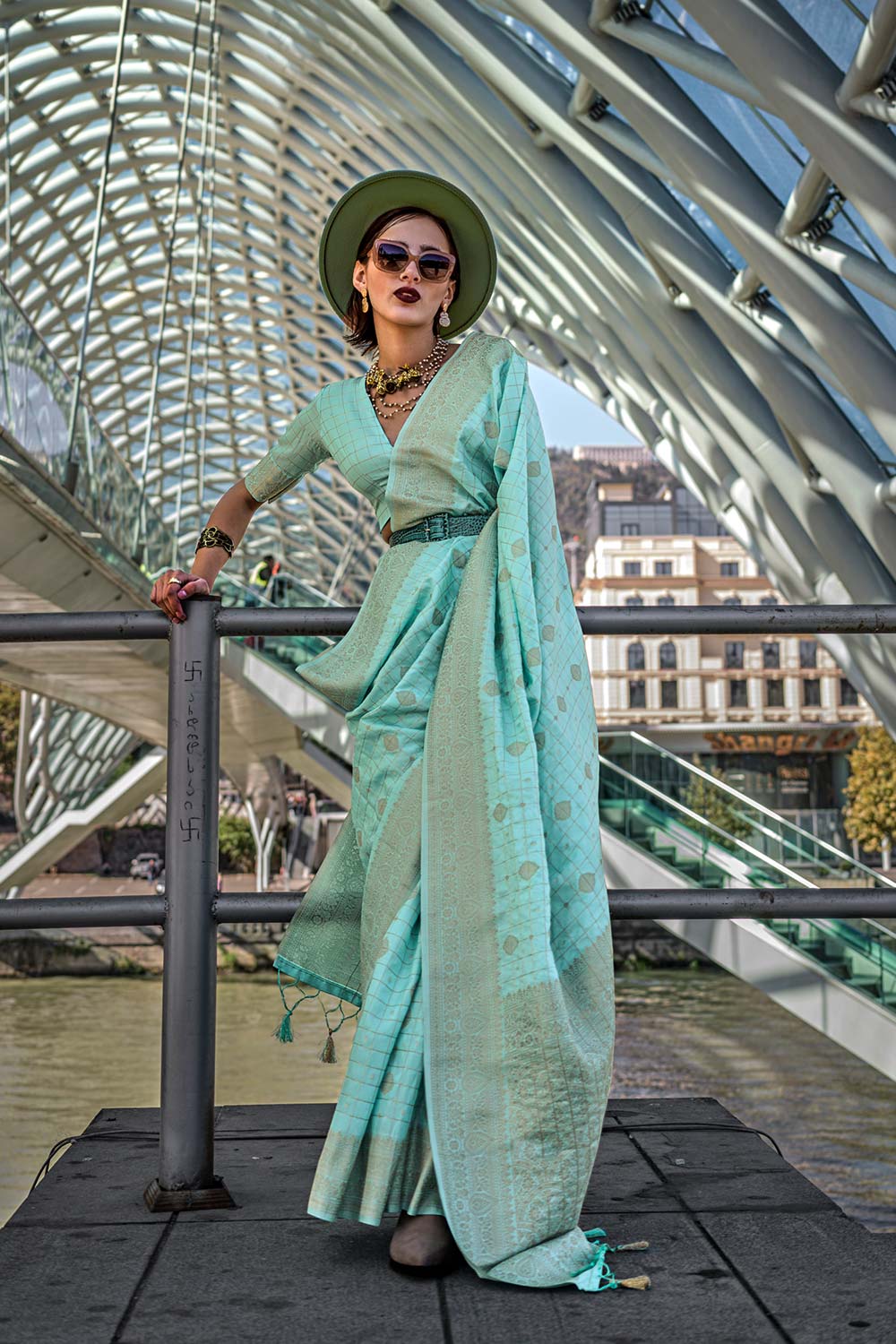 Cahaya Turquoise Silk with Gold Work One Minute Saree