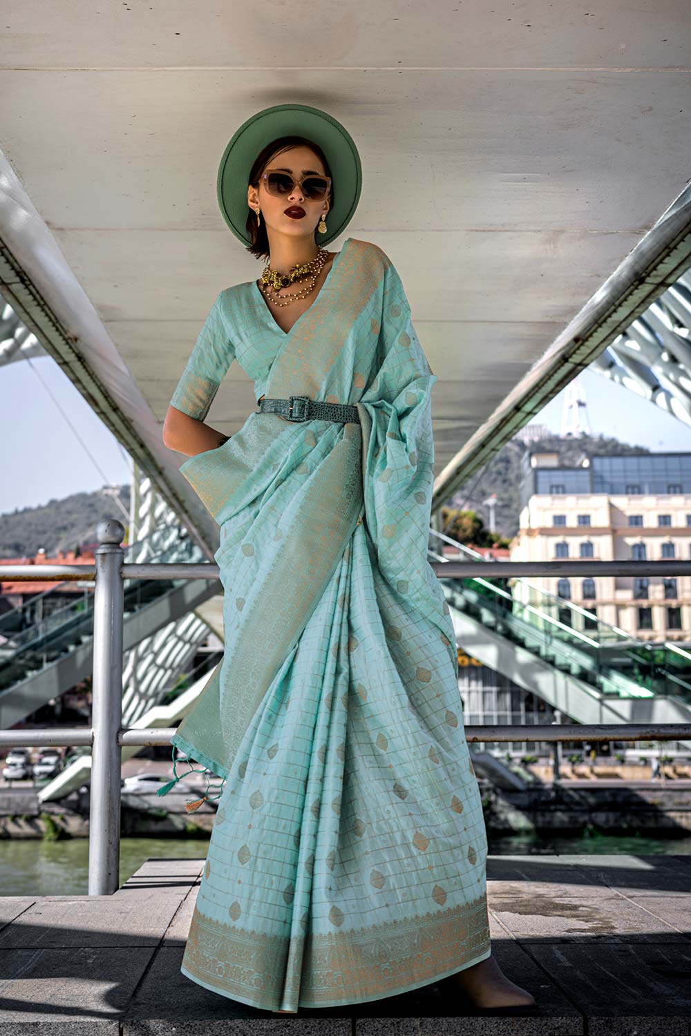 Cahaya Turquoise Silk with Gold Work One Minute Saree