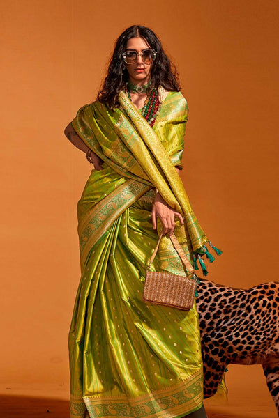 Malahi Green Pure Satin Foil Print One Minute Saree