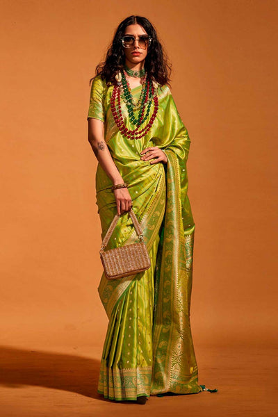 Malahi Green Pure Satin Foil Print One Minute Saree