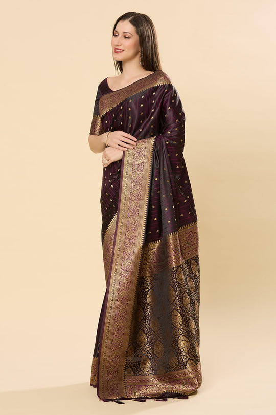 Malahi Purple Pure Satin Foil Print One Minute Saree