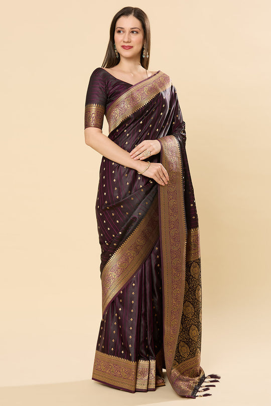 Malahi Purple Pure Satin Foil Print One Minute Saree