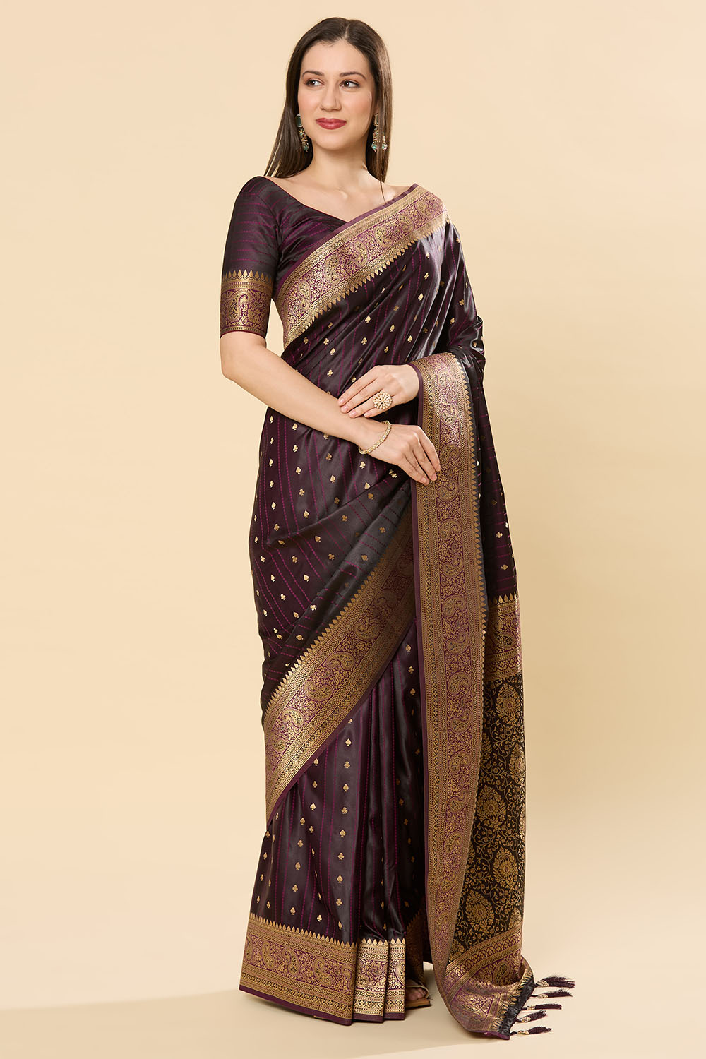 Malahi Purple Pure Satin Foil Print One Minute Saree