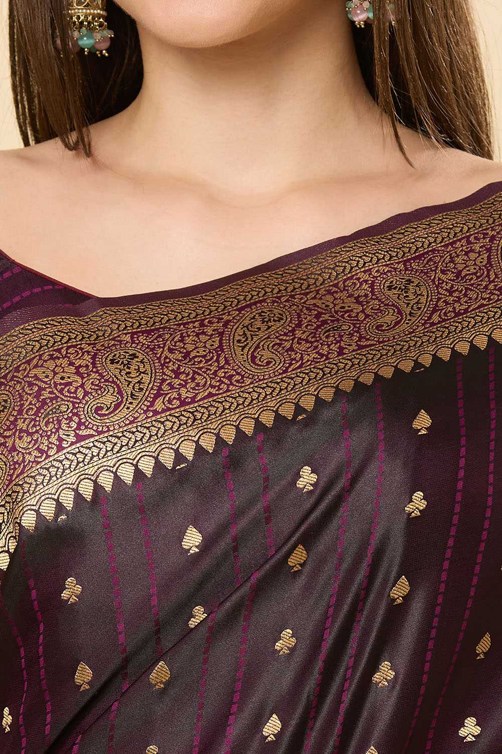 Malahi Purple Pure Satin Foil Print One Minute Saree