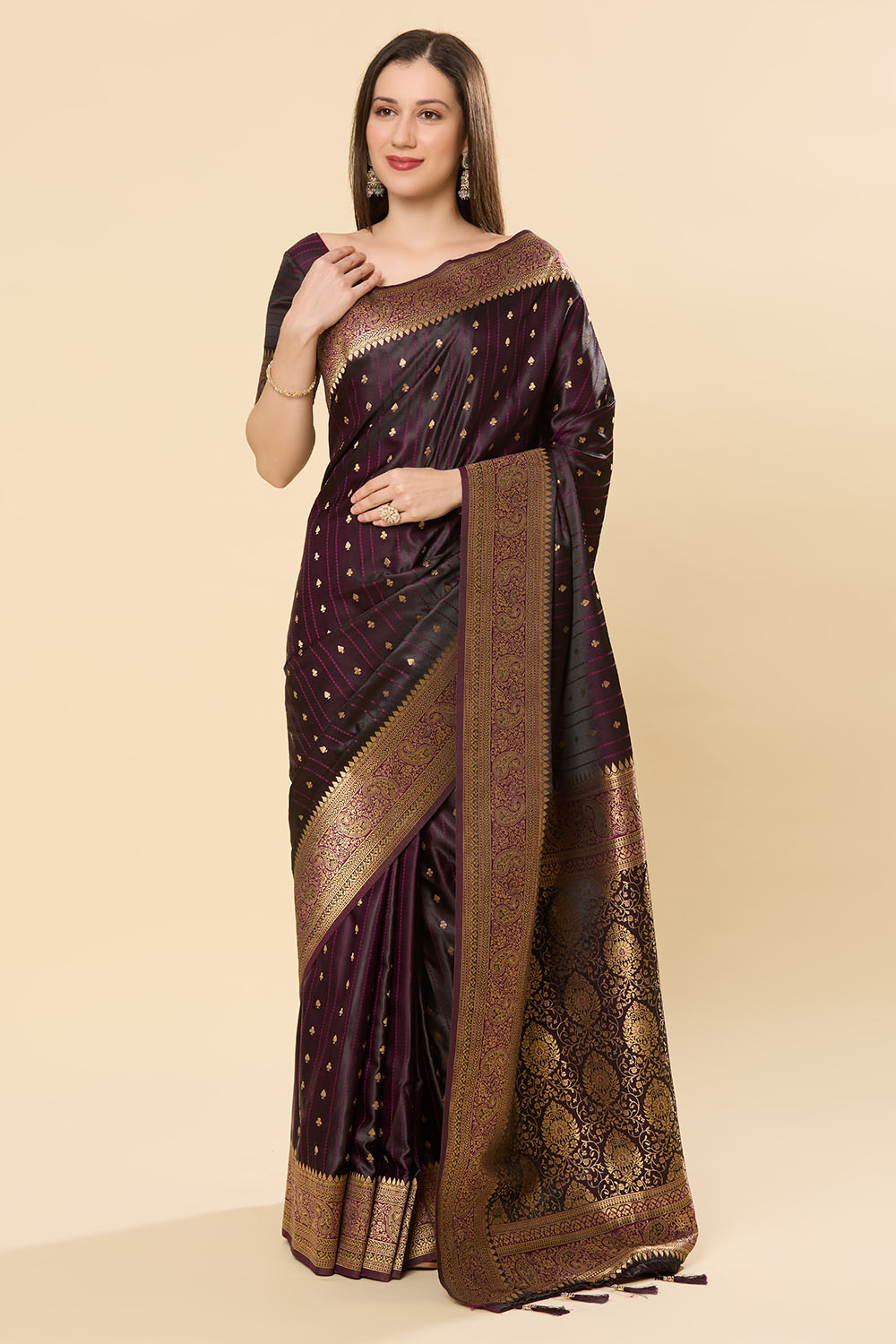Malahi Purple Pure Satin Foil Print One Minute Saree