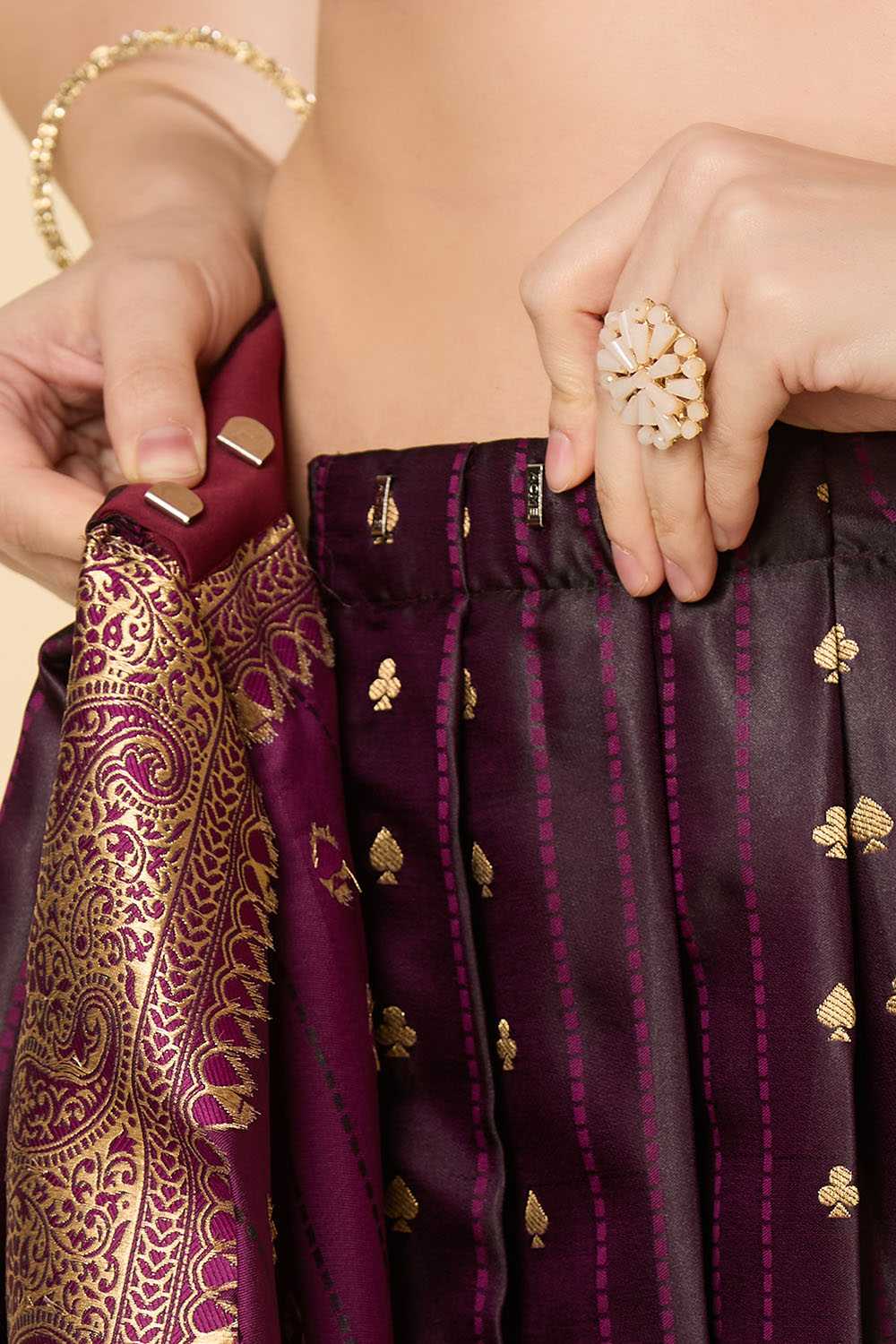Malahi Purple Pure Satin Foil Print One Minute Saree