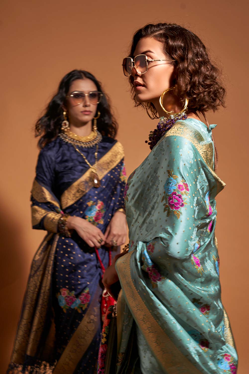 Buy Khalissi Silk Turquoise Satin Designer One Minute Saree Online - Back