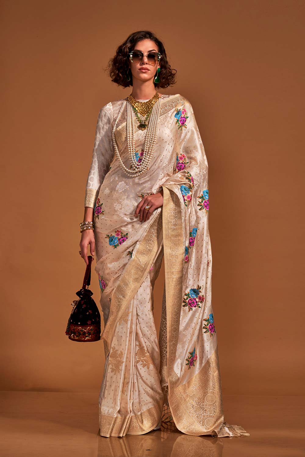 Buy Khalissi Silk Cream Satin Designer One Minute Saree Online - Back